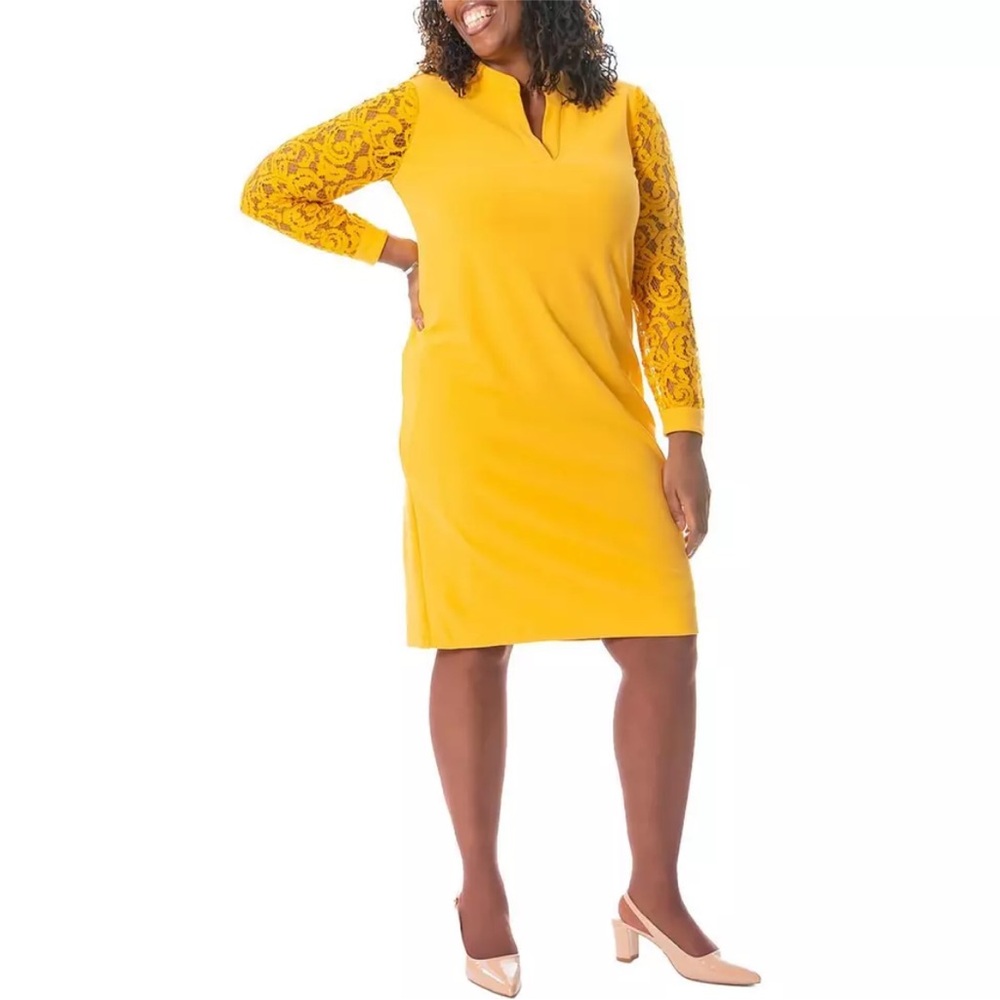 XXL Kasper Bright Golden Yellow Shift dress w/lace sleeves.Brand new with tags